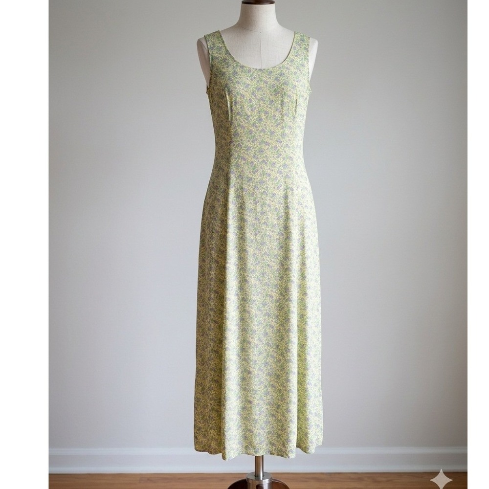 Vintage 90s Mosaic Floral Maxi Dress Size 16 Rayon Sleeveless Grunge Whimsigoth